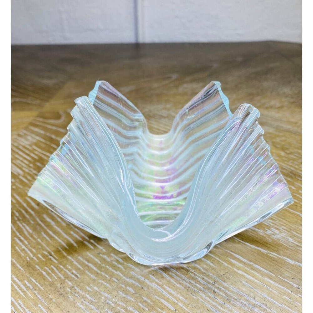 Studio Glass Handkerchief‎ Vase Votive Iridescent Aurene Textured Signed